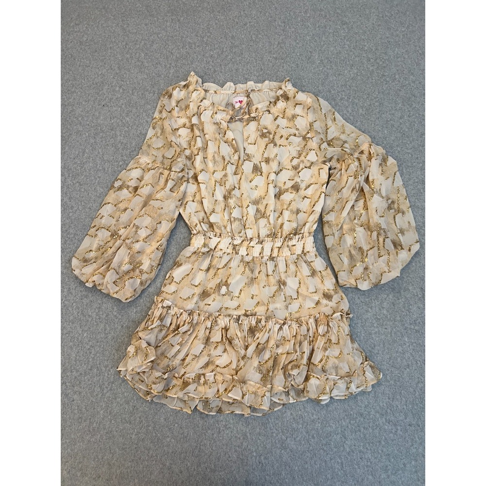 Buddy Love Mini Dress Womens Small Gold Metallic Chiffon Ruffle Festival Boho